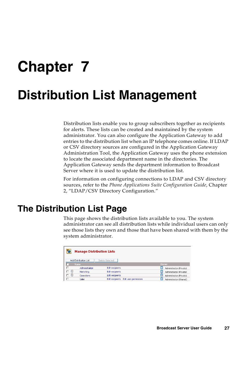 Distribution list management, C h a p t e r, Chapter 7 | The distribution list page | Avaya 16-300272 User Manual | Page 35 / 82