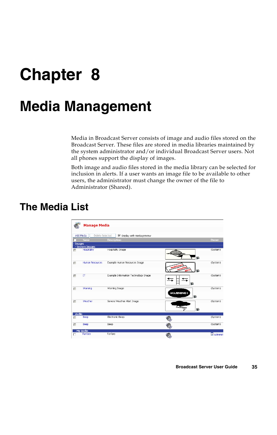 Media management, The media list, C h a p t e r | Media management” on, Chapter 8 | Avaya 16-300272 User Manual | Page 43 / 82