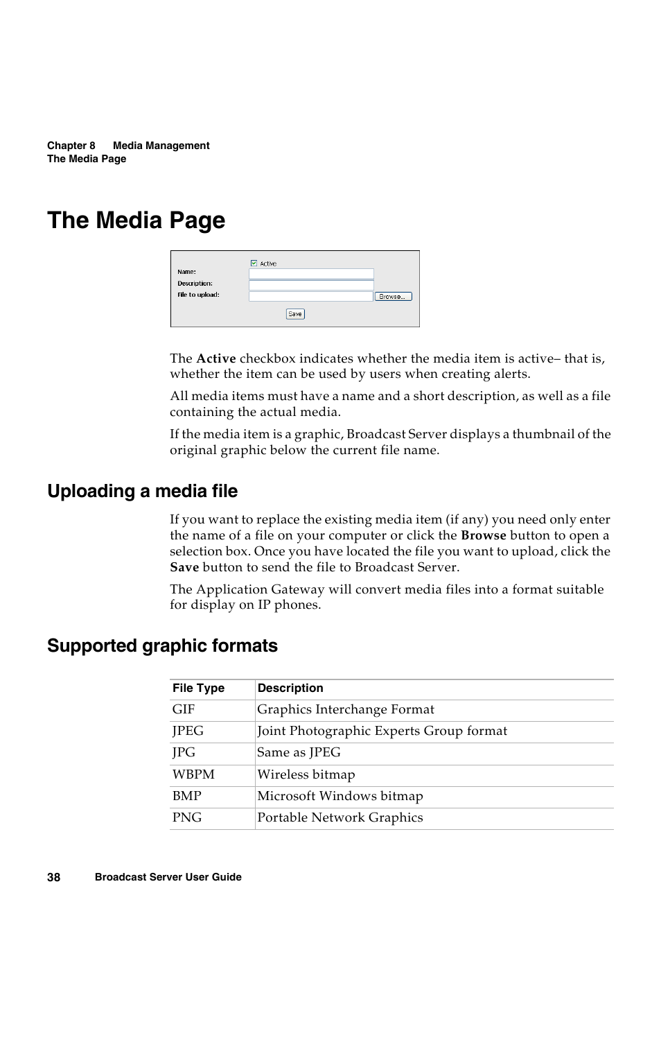 Uploading a media file, Supported graphic formats, The media page | Avaya 16-300272 User Manual | Page 46 / 82