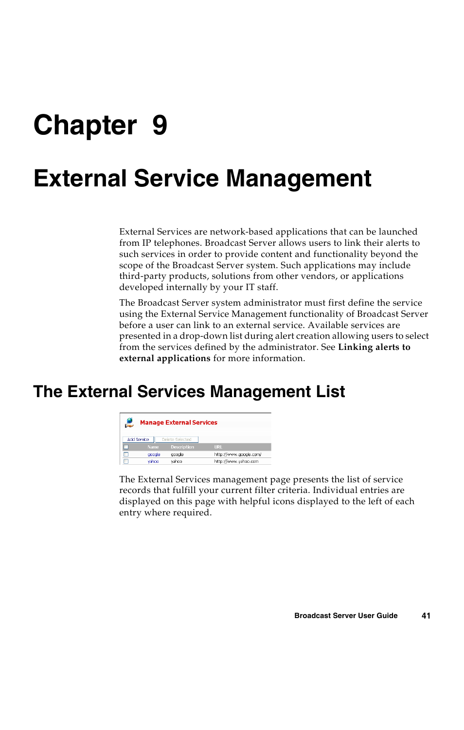 External service management, The external services management list, C h a p t e r | Described in, Chapter 9 | Avaya 16-300272 User Manual | Page 49 / 82