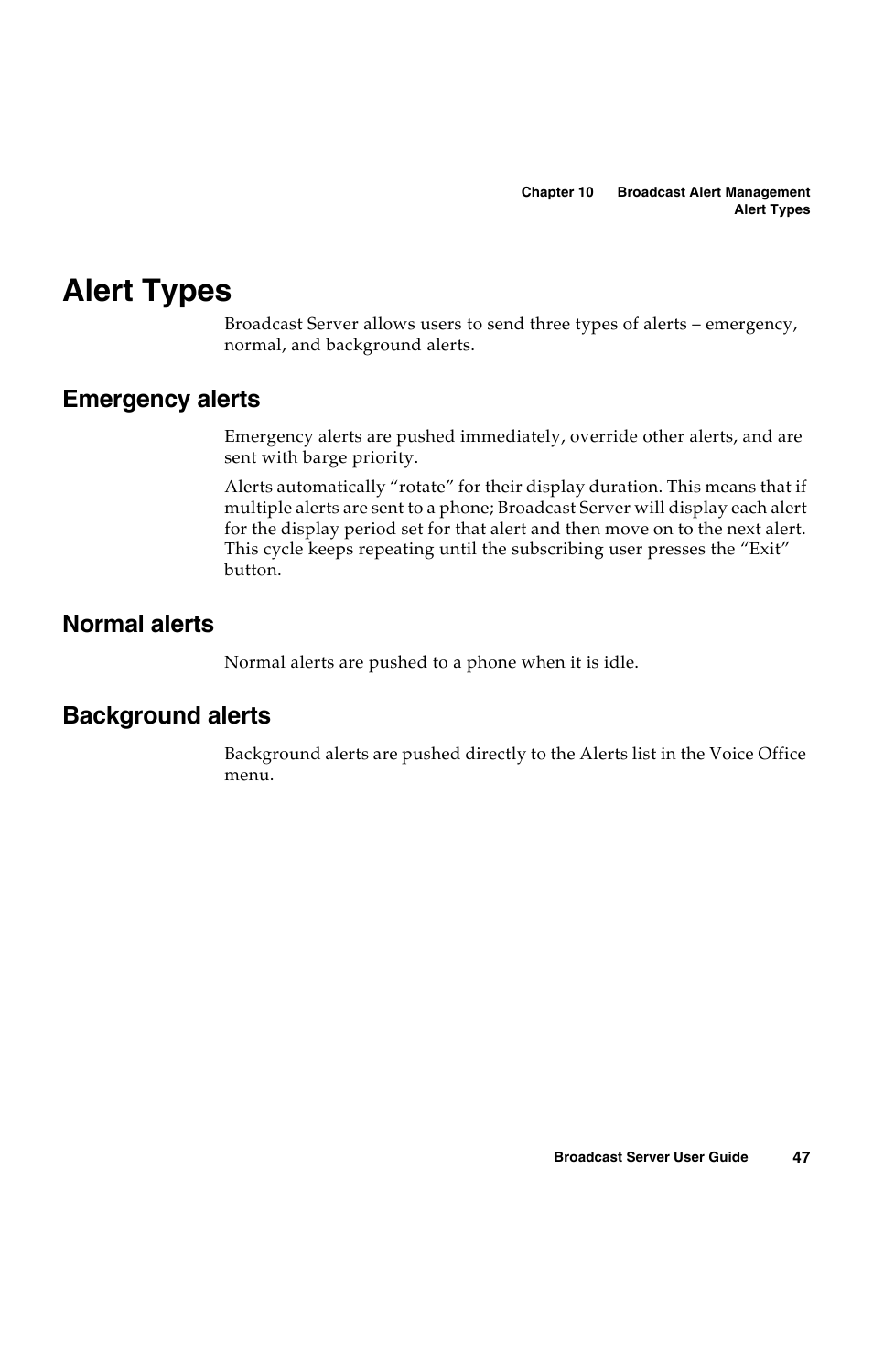 Alert types, Emergency alerts, Normal alerts | Background alerts | Avaya 16-300272 User Manual | Page 55 / 82