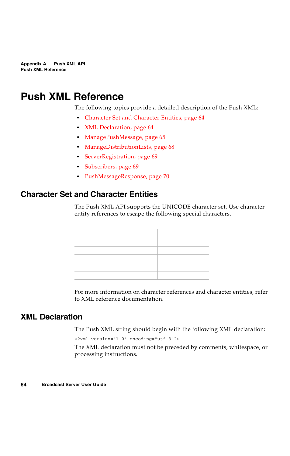 Push xml reference, Character set and character entities, Xml declaration | Avaya 16-300272 User Manual | Page 72 / 82