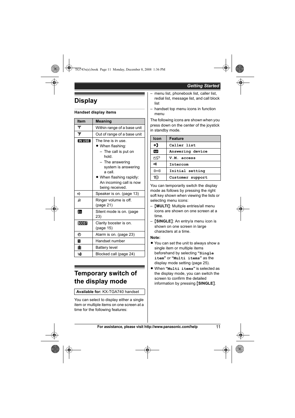 Display, Temporary switch of the display mode, Display temporary switch of the display mode | Panasonic KXTG7431 User Manual | Page 11 / 60