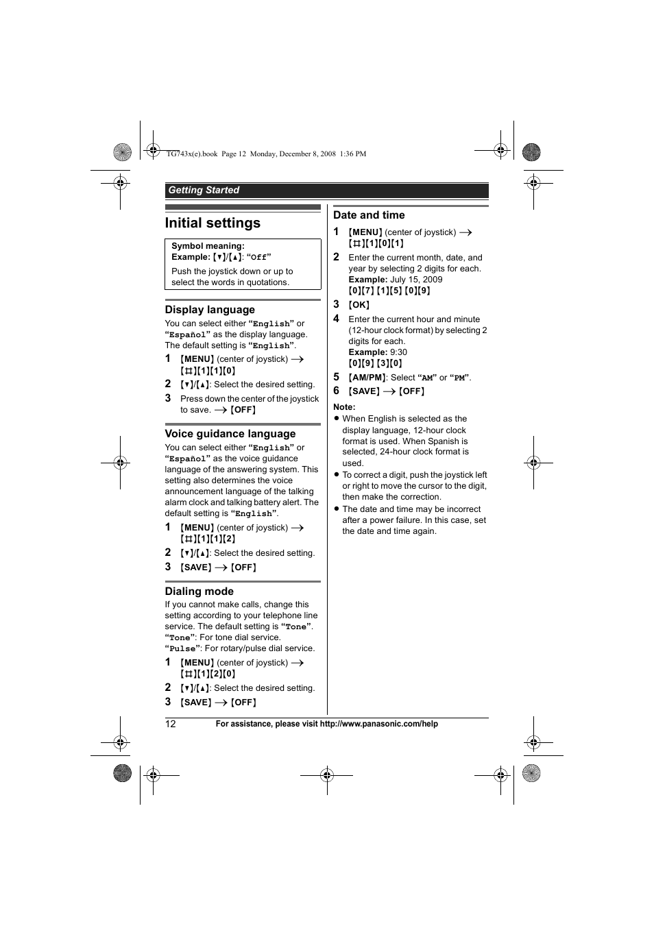 Initial settings | Panasonic KXTG7431 User Manual | Page 12 / 60