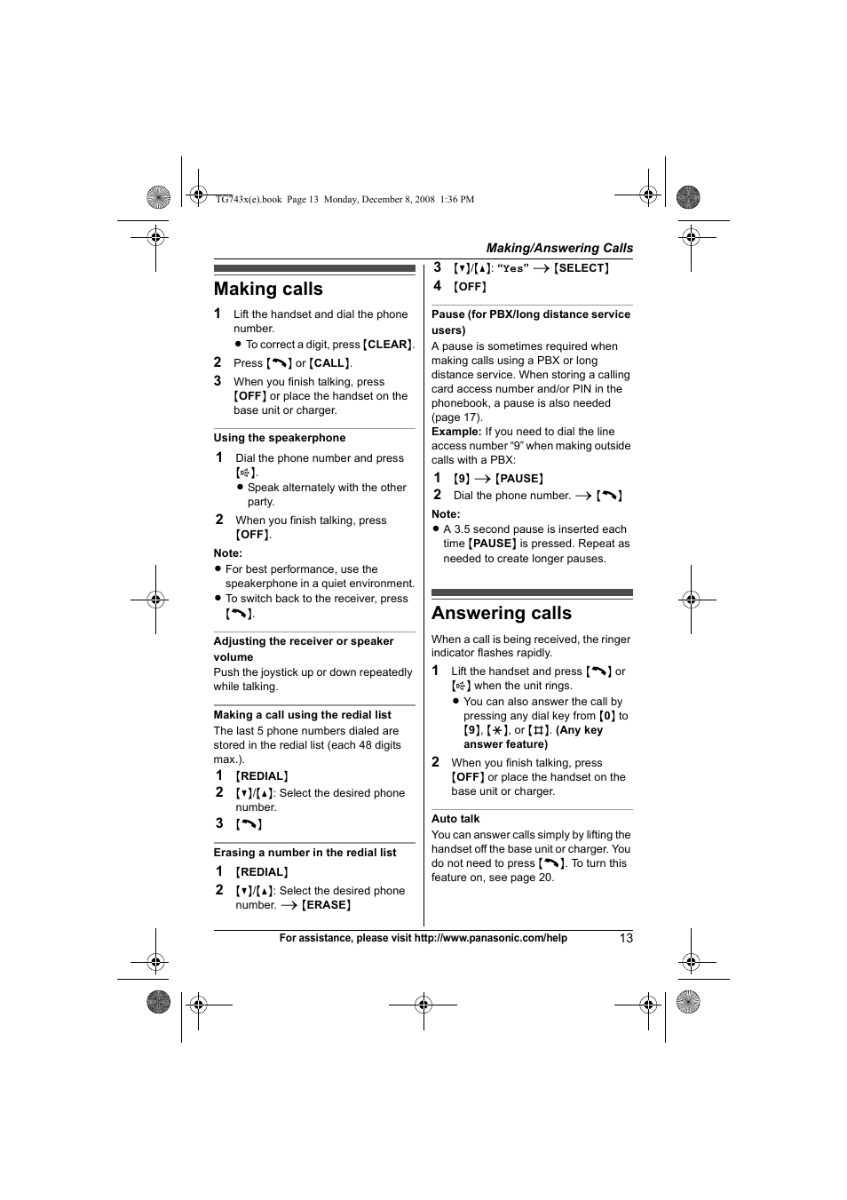 Making/answering calls, Making calls, Answering calls | Making calls answering calls | Panasonic KXTG7431 User Manual | Page 13 / 60