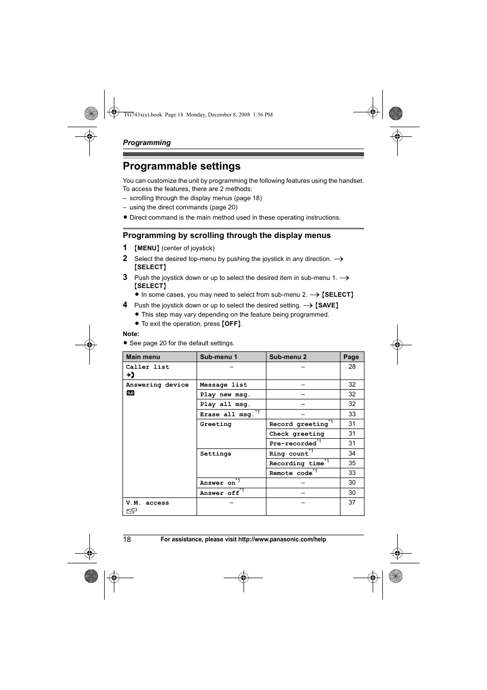 Programming, Programmable settings | Panasonic KXTG7431 User Manual | Page 18 / 60