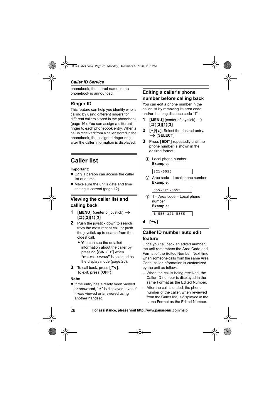 Caller list | Panasonic KXTG7431 User Manual | Page 28 / 60