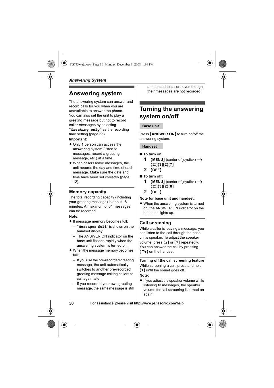 Answering system, Turning the answering system on/off | Panasonic KXTG7431 User Manual | Page 30 / 60