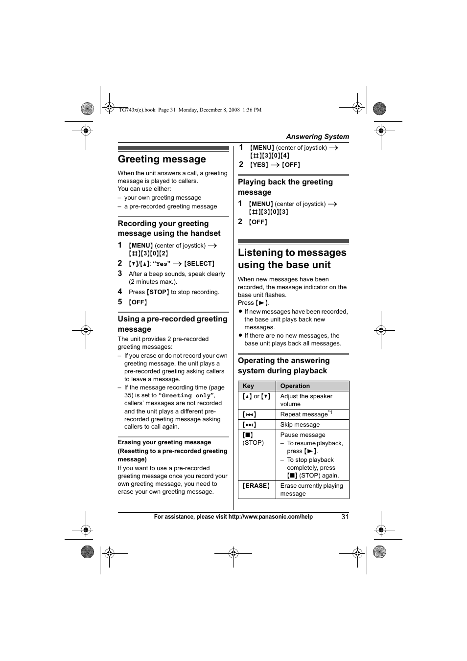 Greeting message, Listening to messages using the base unit | Panasonic KXTG7431 User Manual | Page 31 / 60