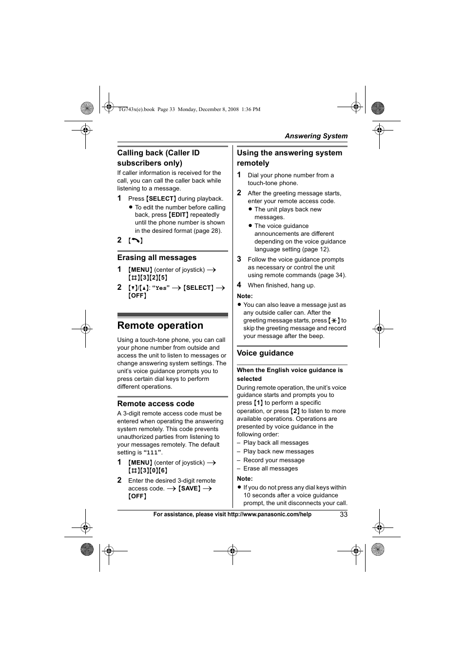 Remote operation | Panasonic KXTG7431 User Manual | Page 33 / 60