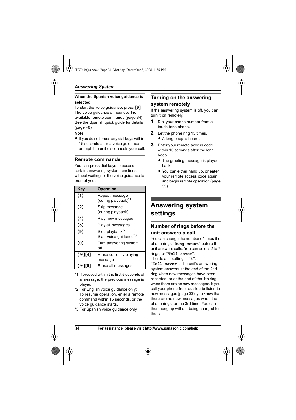 Answering system settings | Panasonic KXTG7431 User Manual | Page 34 / 60