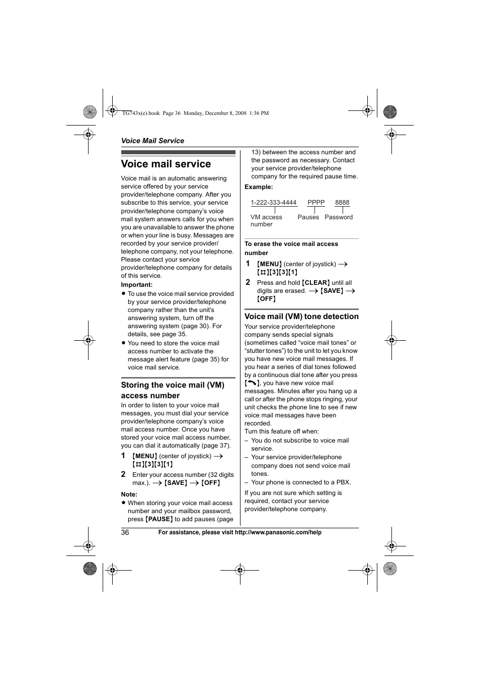 Voice mail service | Panasonic KXTG7431 User Manual | Page 36 / 60