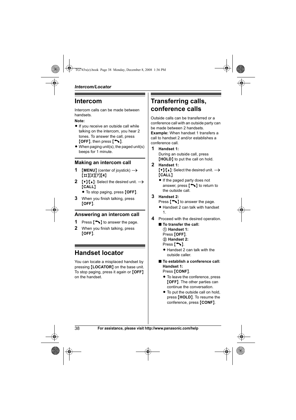 Intercom/locator, Intercom, Handset locator | Transferring calls, conference calls | Panasonic KXTG7431 User Manual | Page 38 / 60