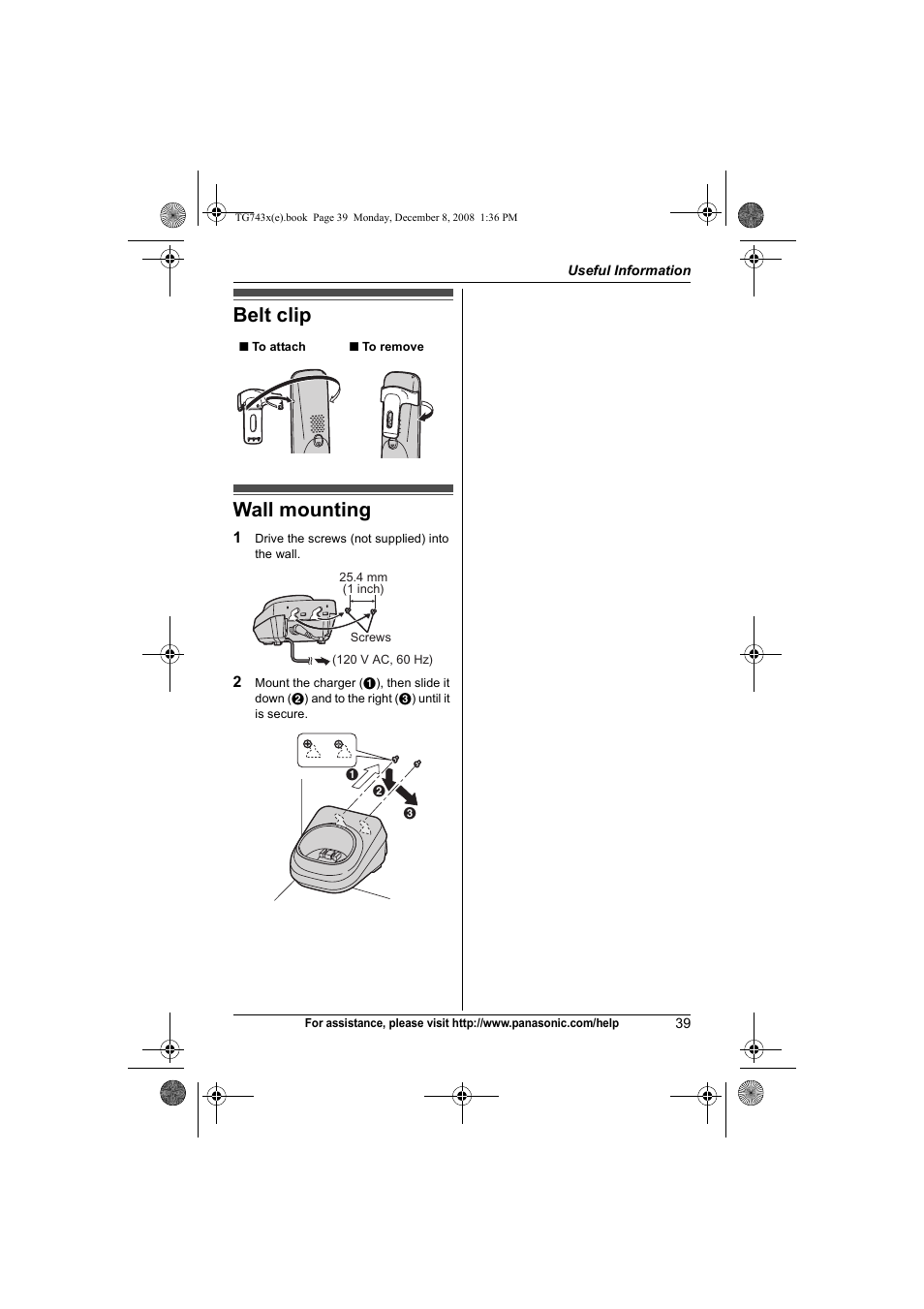 Useful information, Belt clip, Wall mounting | Belt clip wall mounting | Panasonic KXTG7431 User Manual | Page 39 / 60