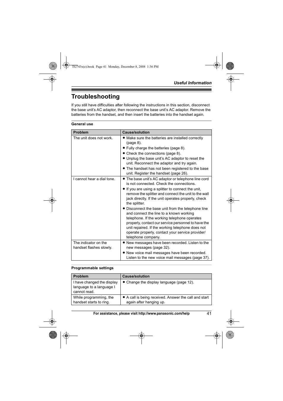 Troubleshooting | Panasonic KXTG7431 User Manual | Page 41 / 60