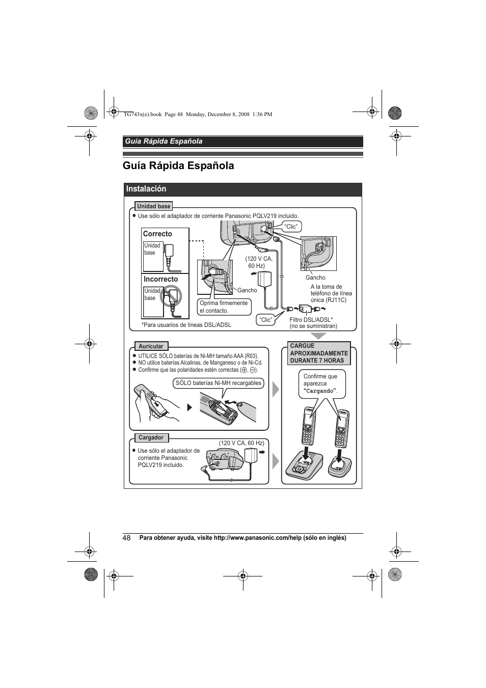 Guía rápida española, Instalación | Panasonic KXTG7431 User Manual | Page 48 / 60