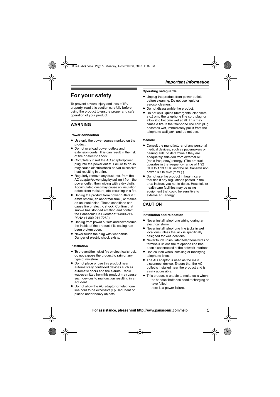 Important information, For your safety | Panasonic KXTG7431 User Manual | Page 5 / 60