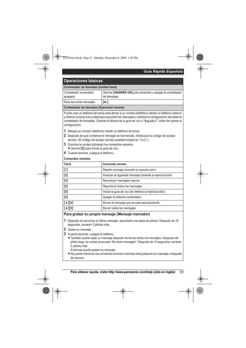 Operaciones básicas | Panasonic KXTG7431 User Manual | Page 51 / 60