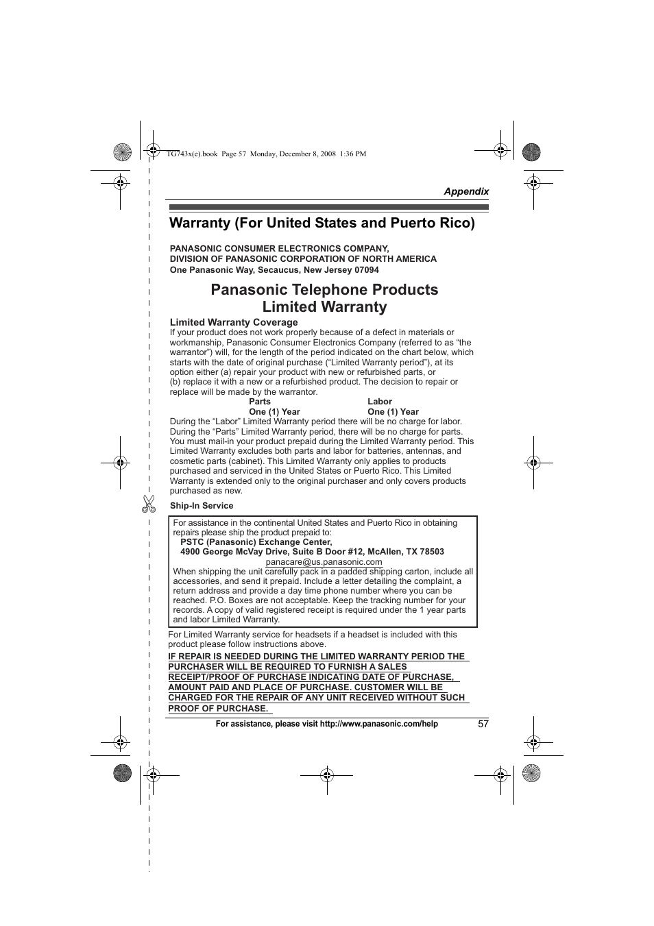 Warranty (for united states and puerto rico), Panasonic telephone products limited warranty | Panasonic KXTG7431 User Manual | Page 57 / 60