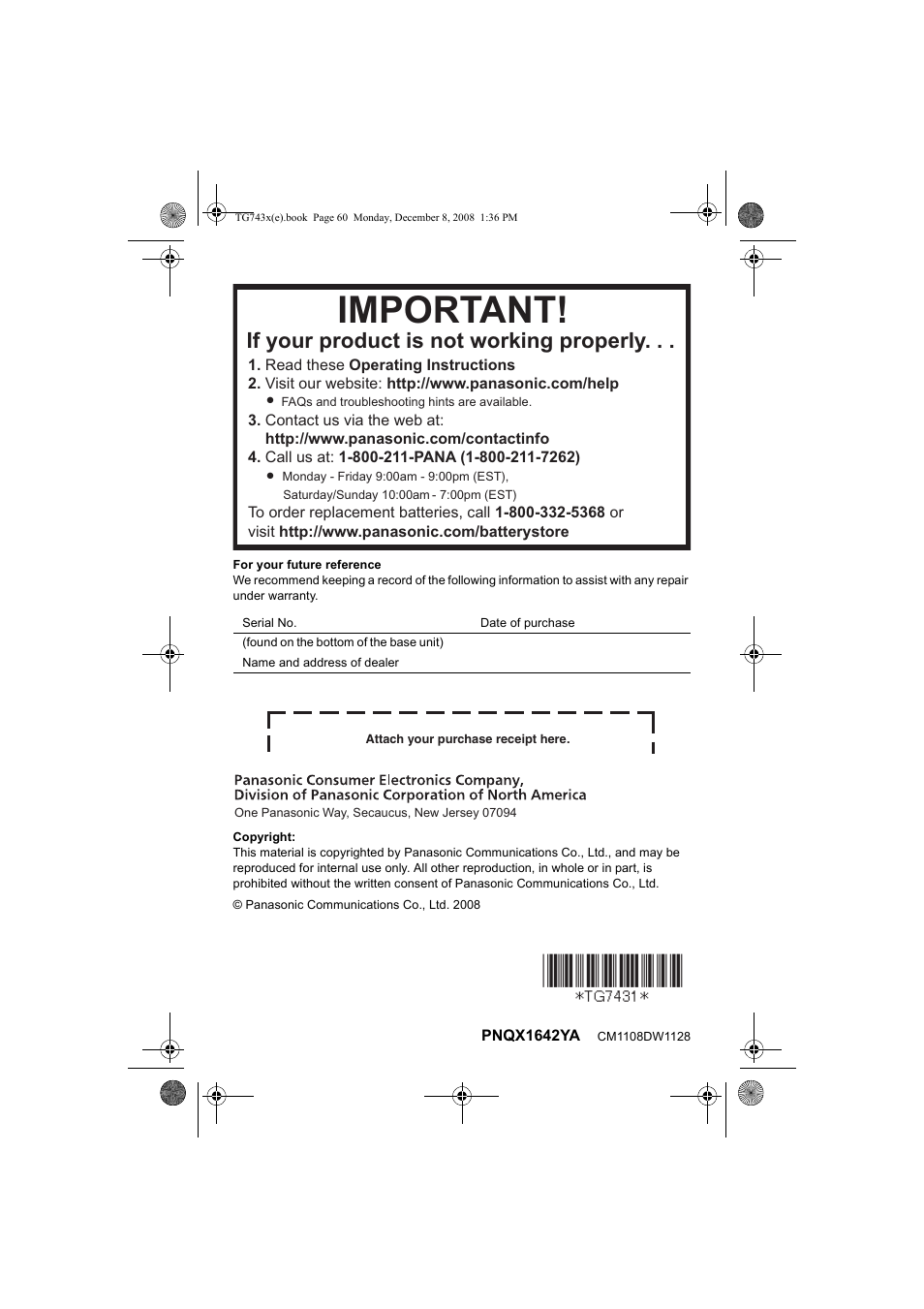 Important, If your product is not working properly | Panasonic KXTG7431 User Manual | Page 60 / 60