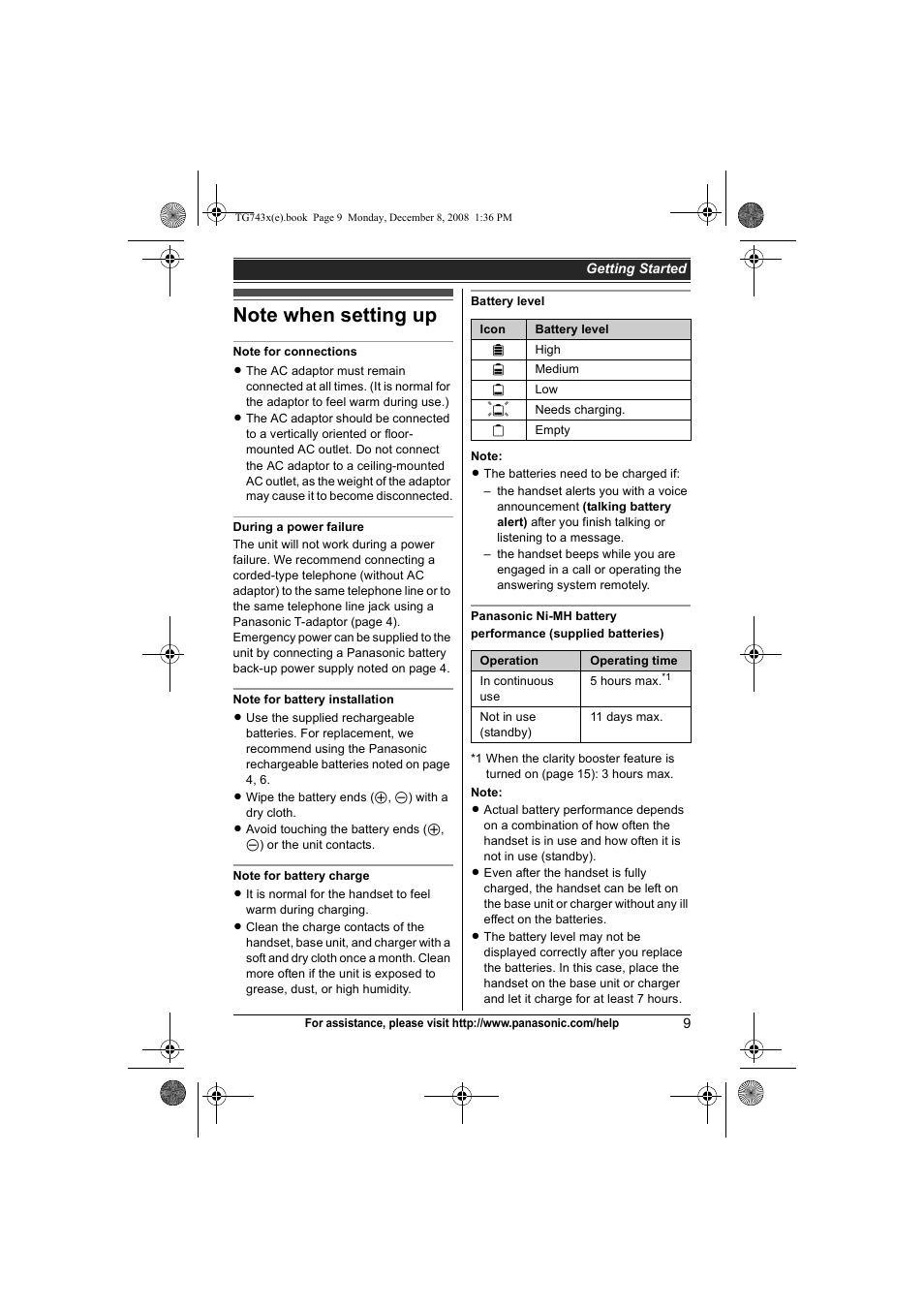 Note when setting up | Panasonic KXTG7431 User Manual | Page 9 / 60