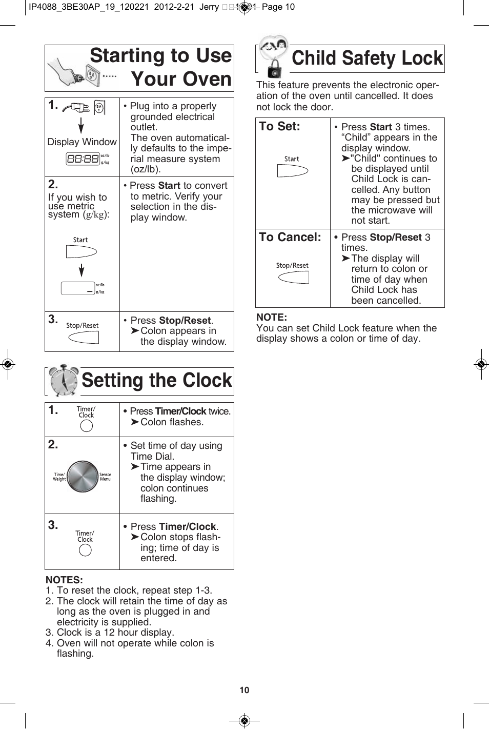 Starting to use your oven, Setting the clock, Child safety lock | Starting to use your oven child safety lock | Panasonic NN-SD772S User Manual | Page 12 / 60