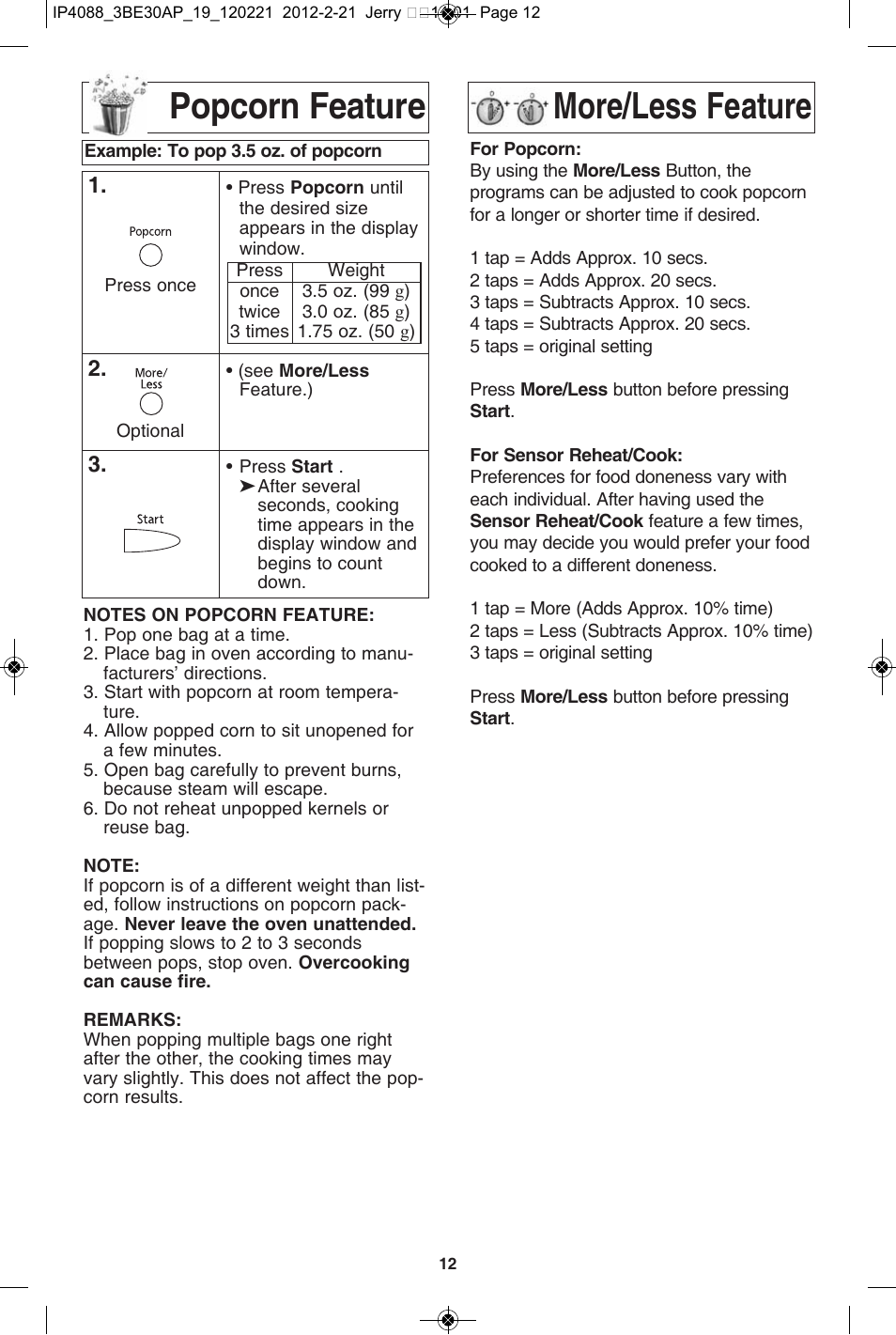 Popcorn feature, More/less feature, Popcorn feature more/less feature | Panasonic NN-SD772S User Manual | Page 14 / 60