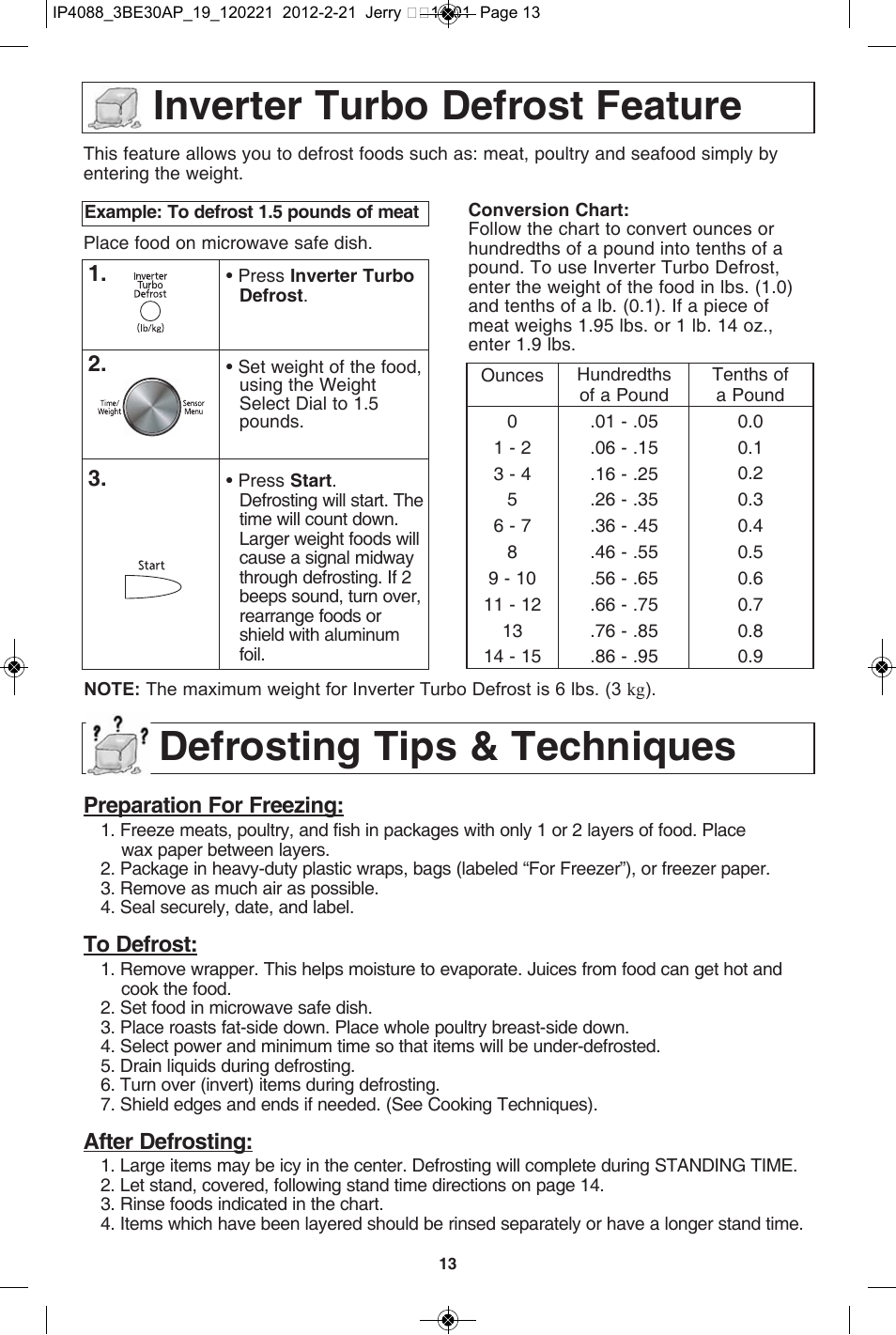 Inverter turbo defrost feature, Defrosting tips & techniques | Panasonic NN-SD772S User Manual | Page 15 / 60