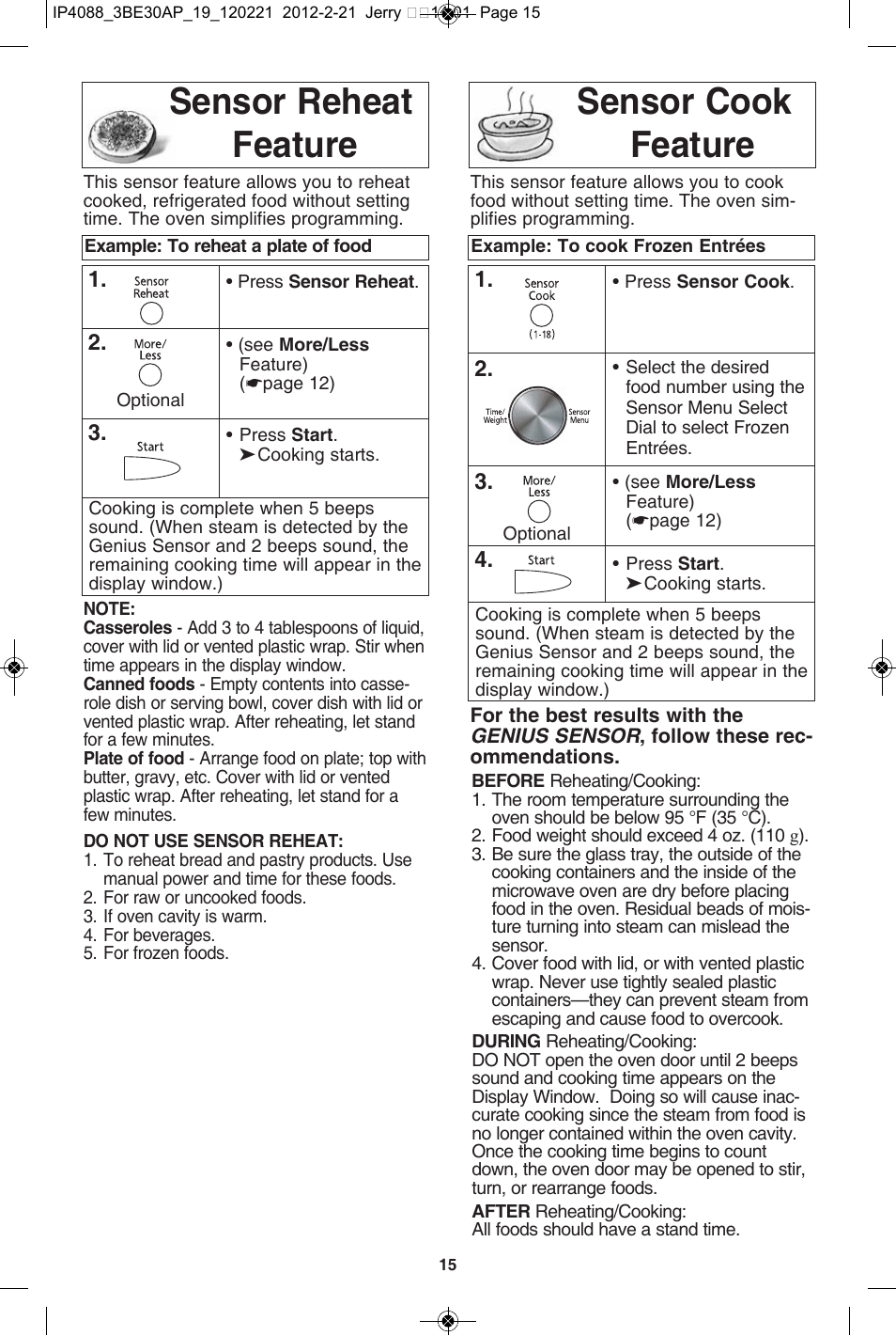 Sensor reheat feature, Sensor cook feature, Sensor reheat feature sensor cook feature | Panasonic NN-SD772S User Manual | Page 17 / 60