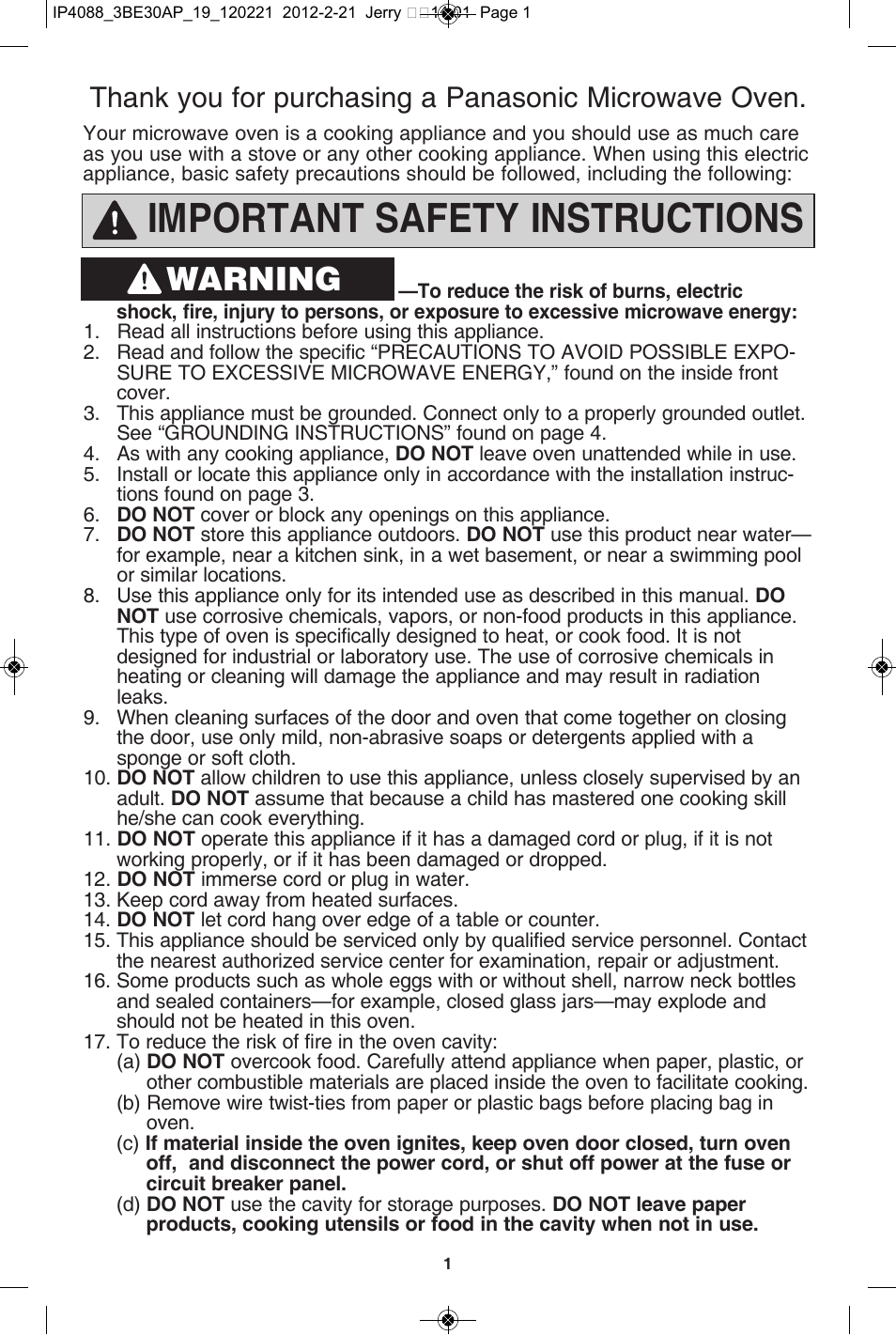 Important safety instructions, Warning | Panasonic NN-SD772S User Manual | Page 3 / 60