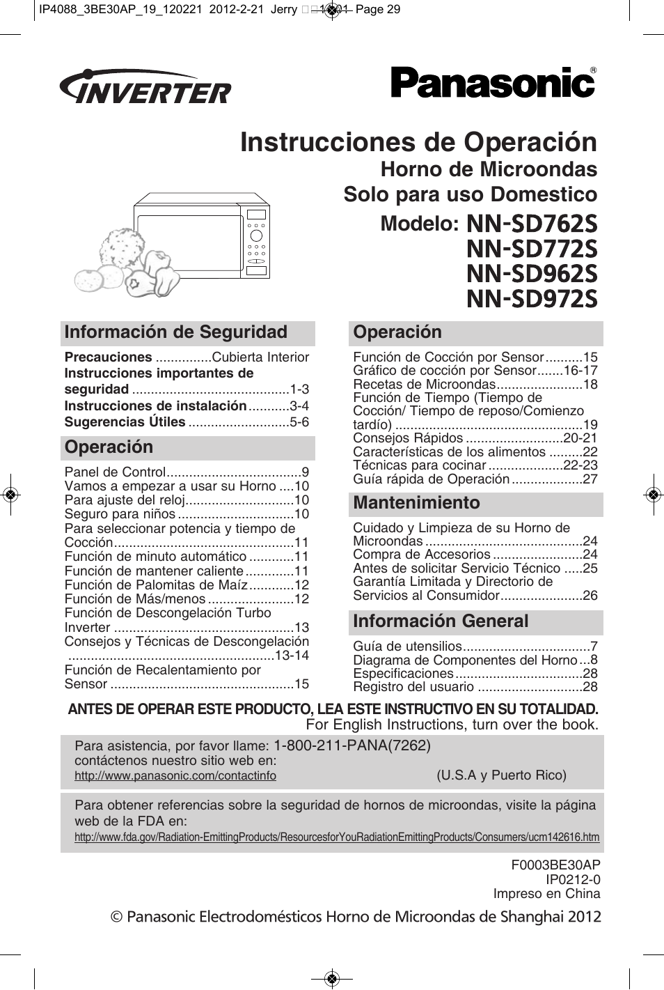 Instrucciones de operación, Información de seguridad, Operación | Mantenimiento, Información general | Panasonic NN-SD772S User Manual | Page 31 / 60