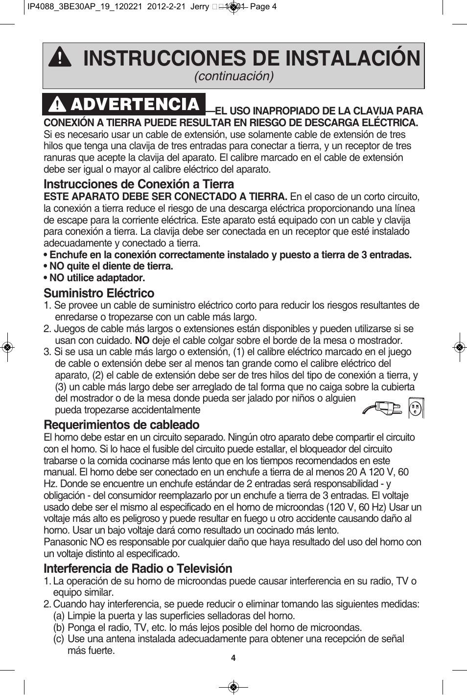 Instrucciones de instalación, Advertencia | Panasonic NN-SD772S User Manual | Page 36 / 60