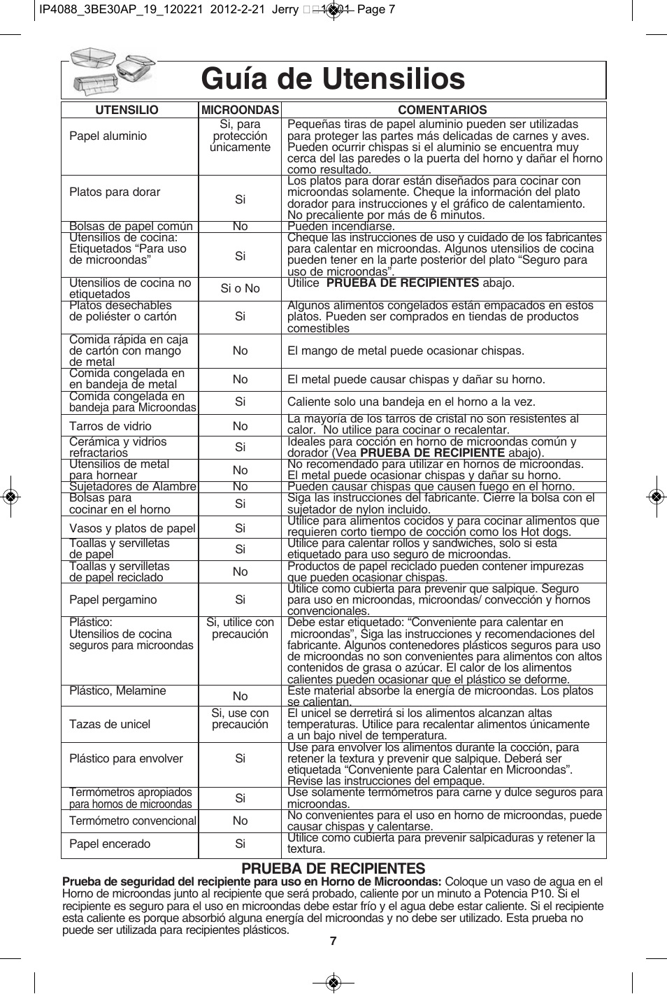 Guía de utensilios, Prueba de recipientes | Panasonic NN-SD772S User Manual | Page 39 / 60