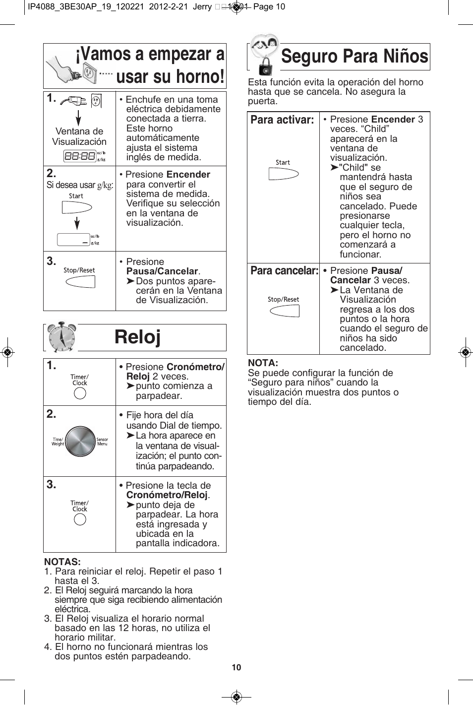 Reloj, Vamos a empezar a usar su horno! seguro para niños | Panasonic NN-SD772S User Manual | Page 42 / 60