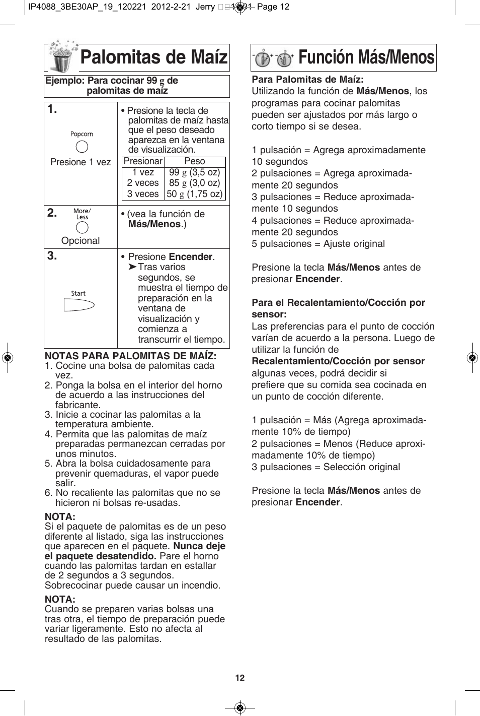 Palomitas de maíz, Función más/menos | Panasonic NN-SD772S User Manual | Page 44 / 60
