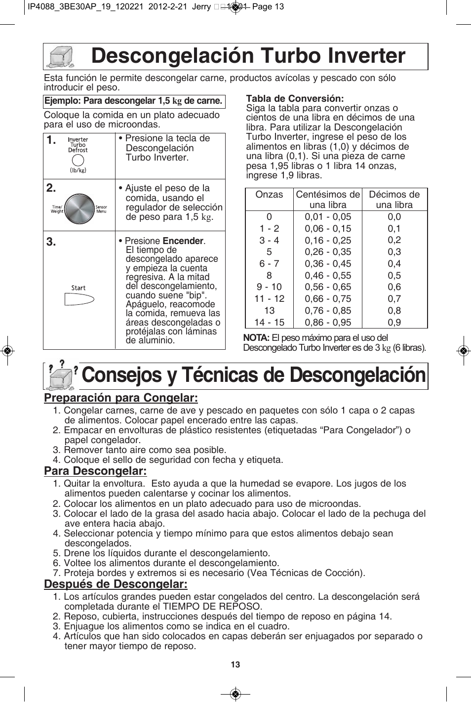 Descongelación turbo inverter, Consejos y técnicas de descongelación | Panasonic NN-SD772S User Manual | Page 45 / 60