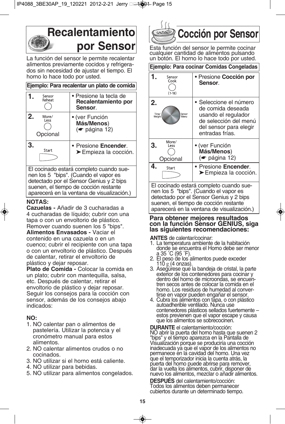 Recalentamiento por sensor cocción por sensor | Panasonic NN-SD772S User Manual | Page 47 / 60