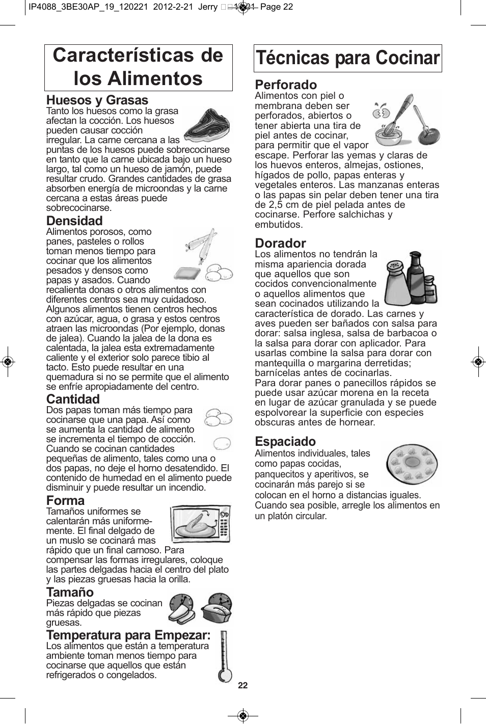 Huesos y grasas, Densidad, Cantidad | Forma, Tamaño, Temperatura para empezar, Perforado, Dorador, Espaciado | Panasonic NN-SD772S User Manual | Page 54 / 60