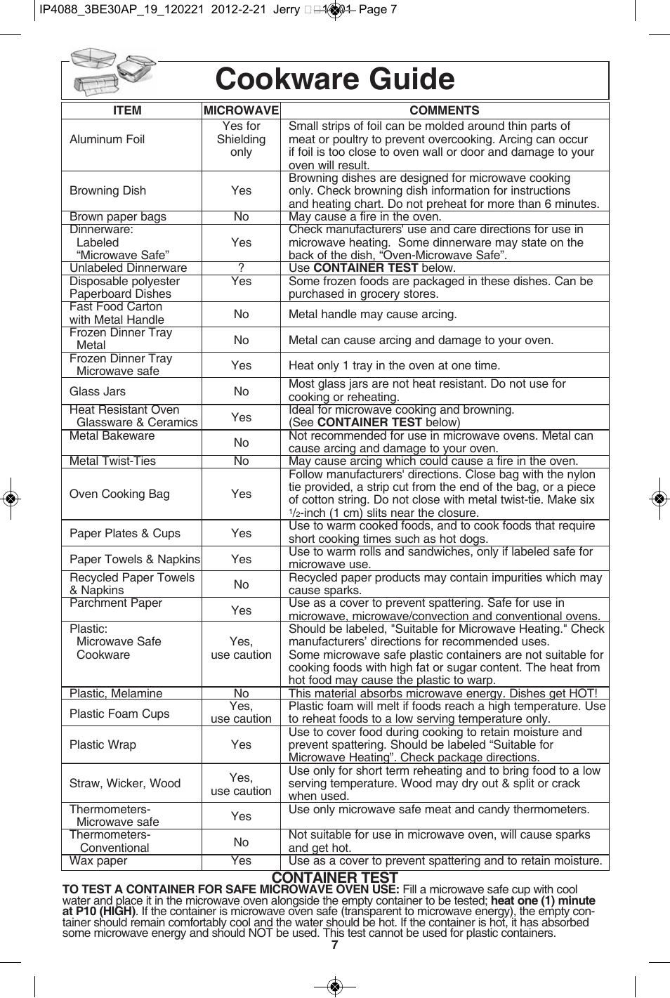 Cookware guide, Container test | Panasonic NN-SD772S User Manual | Page 9 / 60