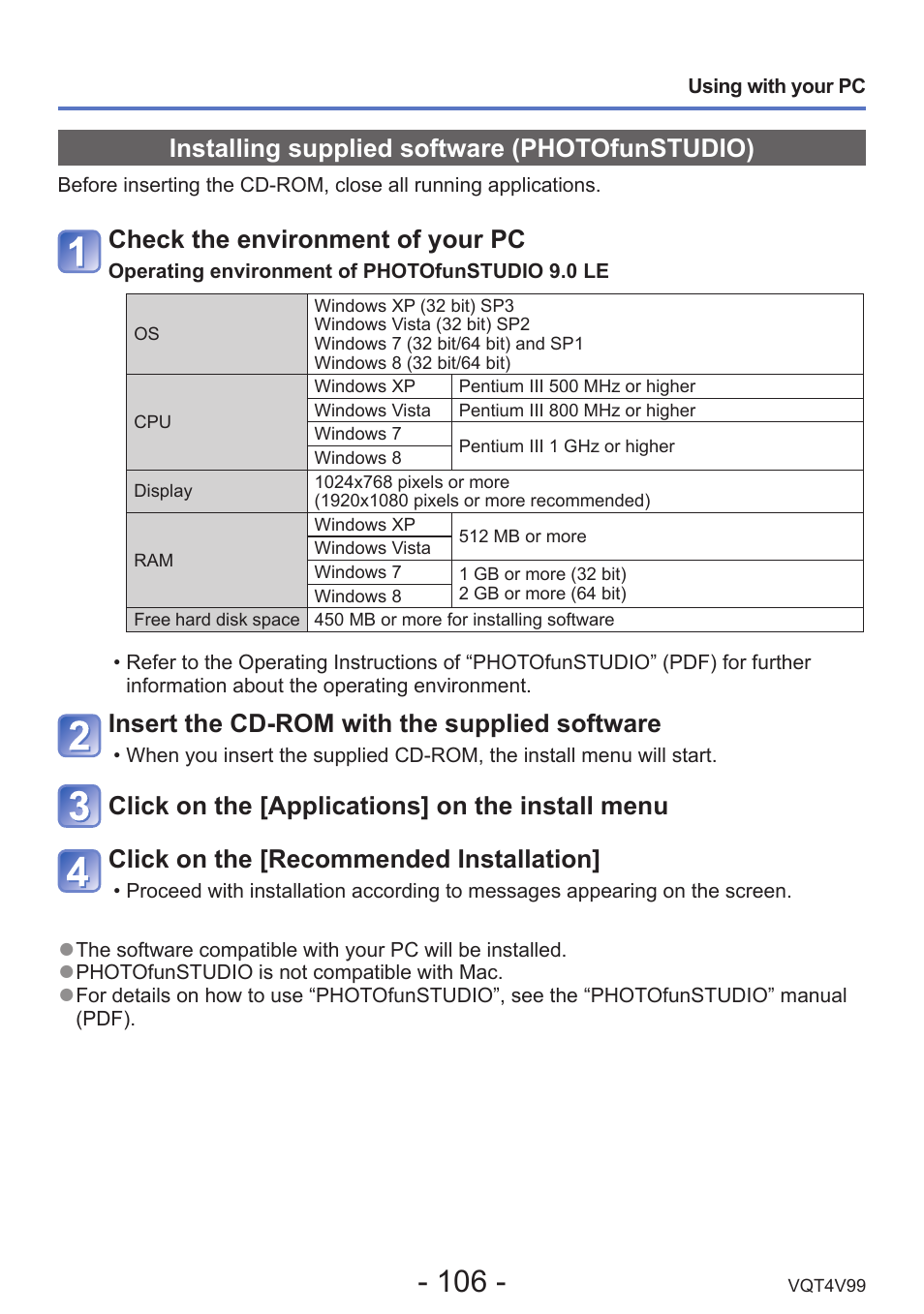 Installing supplied software (photofunstudio), Check the environment of your pc, Insert the cd-rom with the supplied software | Panasonic DMC-LZ30K User Manual | Page 106 / 128