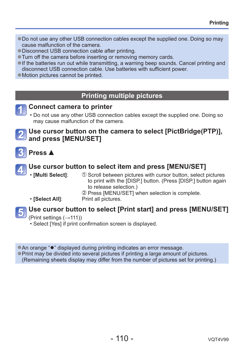 Printing multiple pictures | Panasonic DMC-LZ30K User Manual | Page 110 / 128