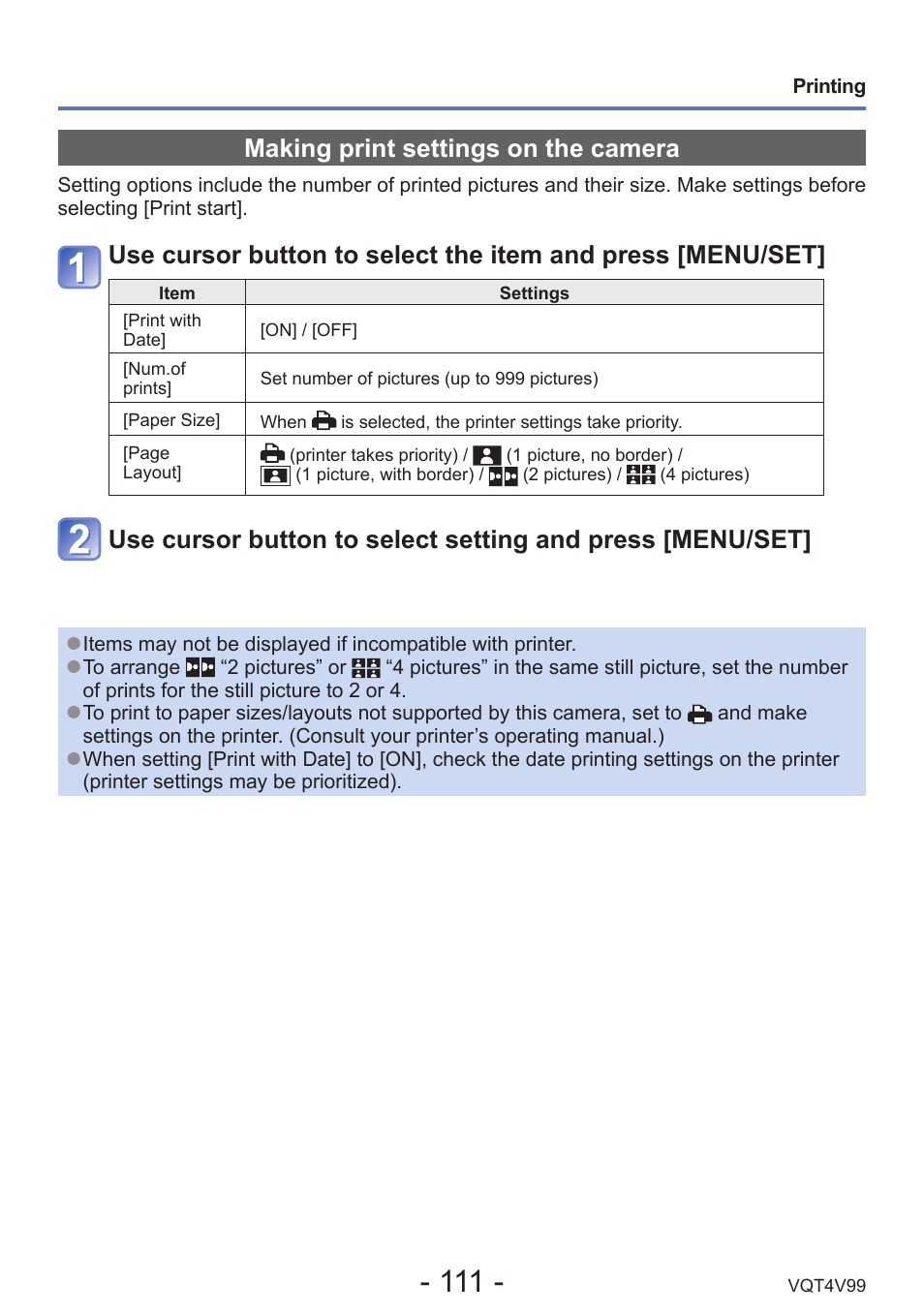 Making print settings on the camera | Panasonic DMC-LZ30K User Manual | Page 111 / 128