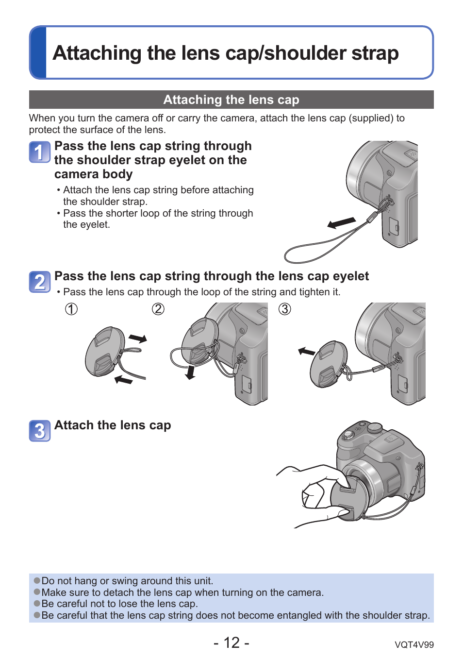 Attaching the lens cap/shoulder strap, Attaching the lens cap | Panasonic DMC-LZ30K User Manual | Page 12 / 128