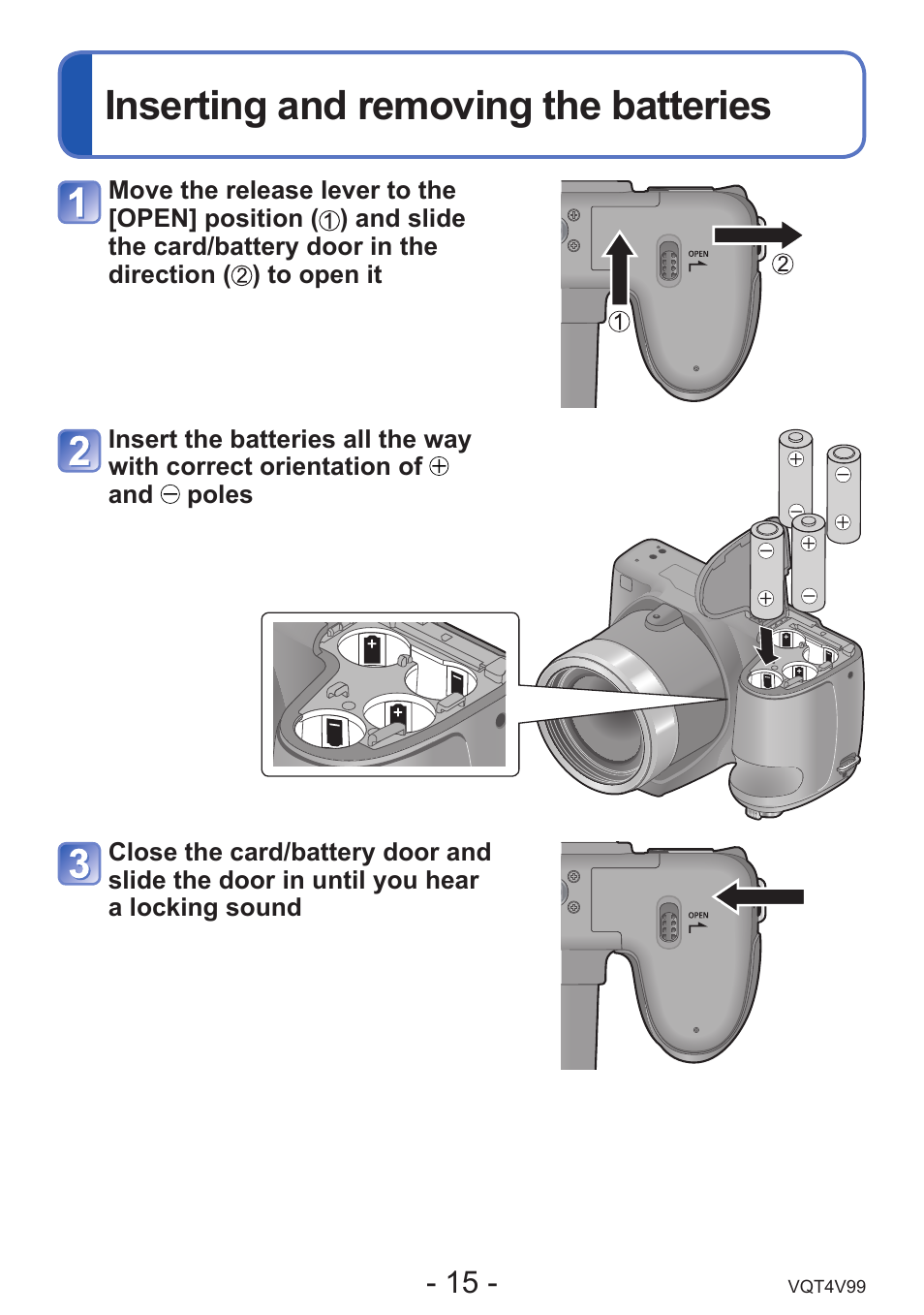 Inserting and removing the batteries | Panasonic DMC-LZ30K User Manual | Page 15 / 128