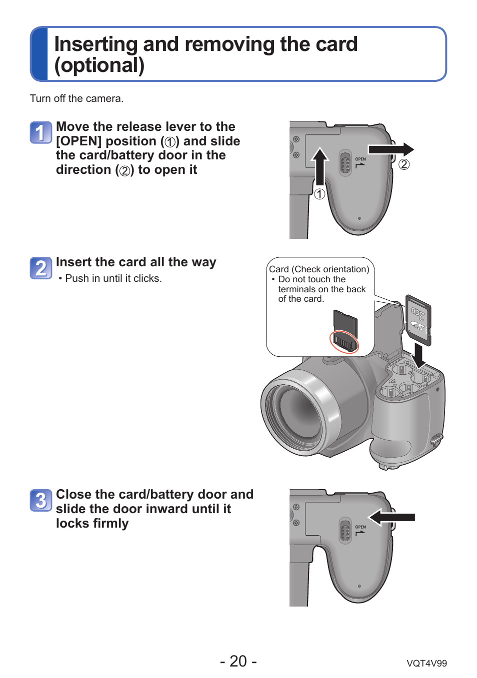 Inserting and removing the card (optional) | Panasonic DMC-LZ30K User Manual | Page 20 / 128