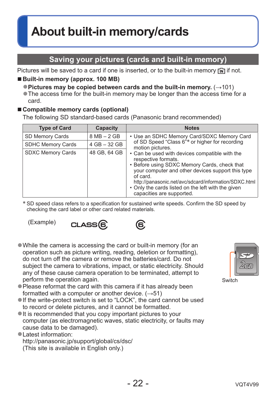 About built-in memory/cards, Saving your pictures (cards and built-in memory) | Panasonic DMC-LZ30K User Manual | Page 22 / 128