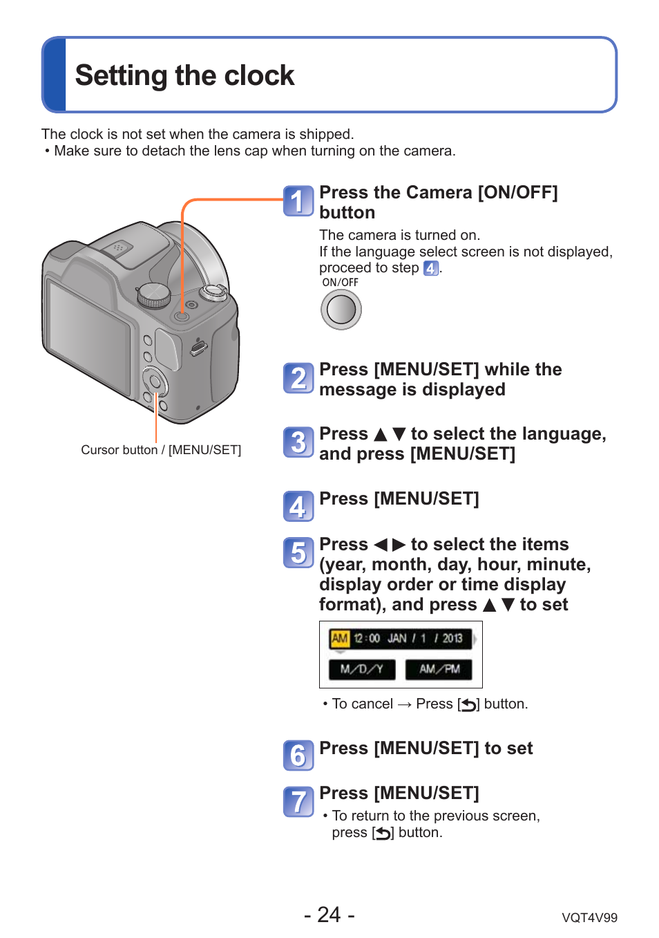 Setting the clock | Panasonic DMC-LZ30K User Manual | Page 24 / 128