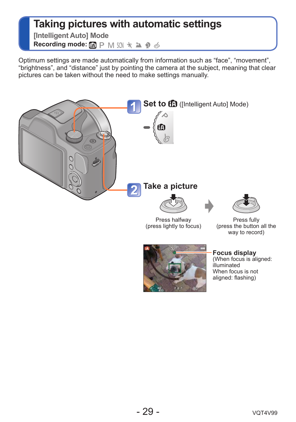 Taking pictures with automatic settings, Set to, Take a picture | Panasonic DMC-LZ30K User Manual | Page 29 / 128