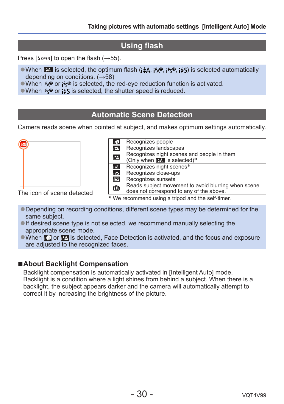 Using flash, Automatic scene detection | Panasonic DMC-LZ30K User Manual | Page 30 / 128