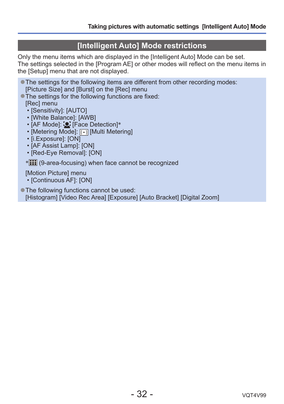 Intelligent auto] mode restrictions | Panasonic DMC-LZ30K User Manual | Page 32 / 128